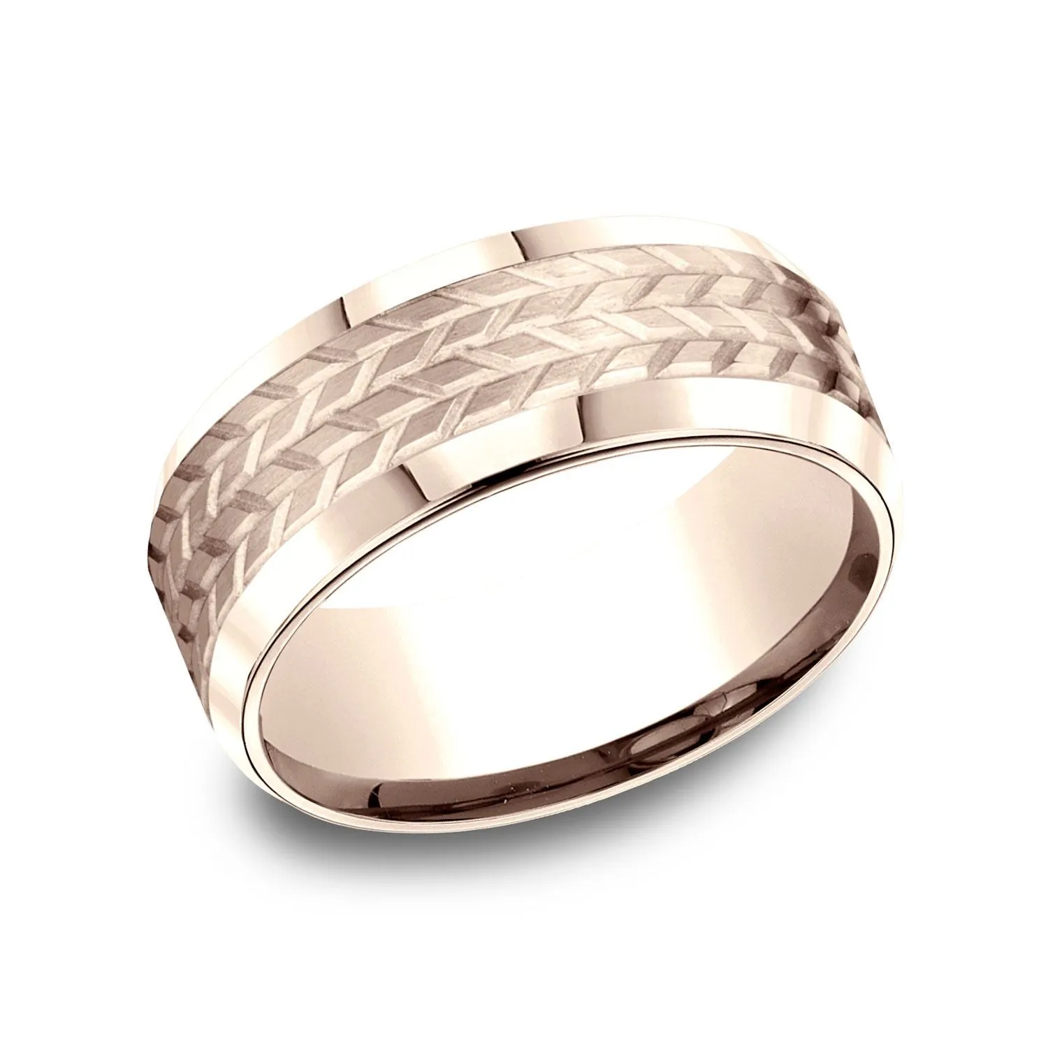 14k Rose Gold 8mm Comfort Fit Beveled Edge Treaded Design Band