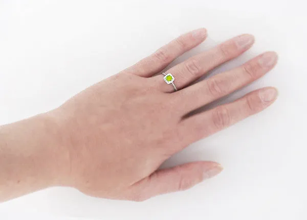 1920's Filigree Scroll Engraved Peridot Engagement Ring in 14 Karat White Gold