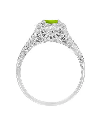 1920's Filigree Scroll Engraved Peridot Engagement Ring in 14 Karat White Gold