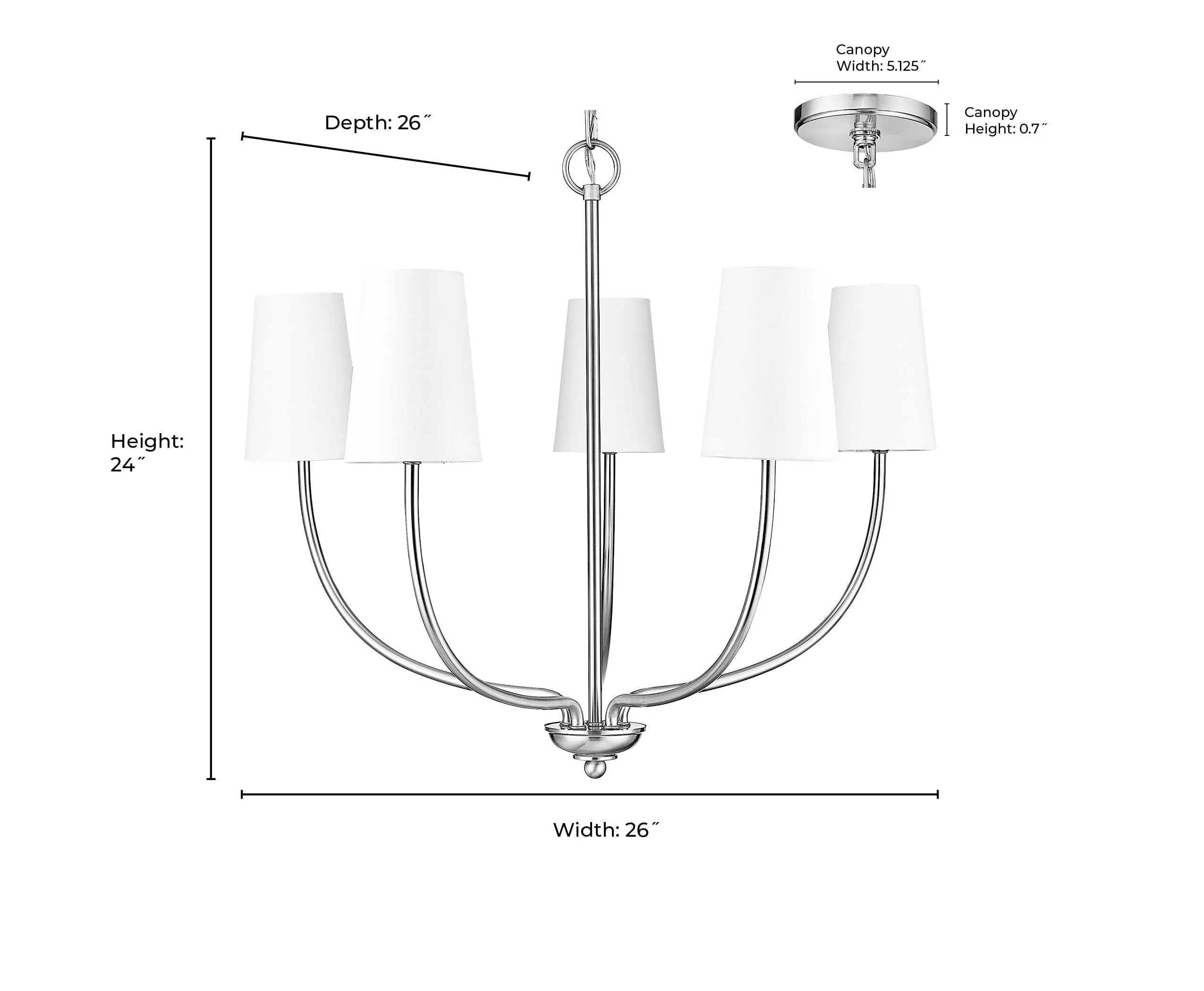 5 Lamps Kandor Chandelier - Brushed Nickel - White Fabric Shade - 26in Diameter - E12 Candelabra Base