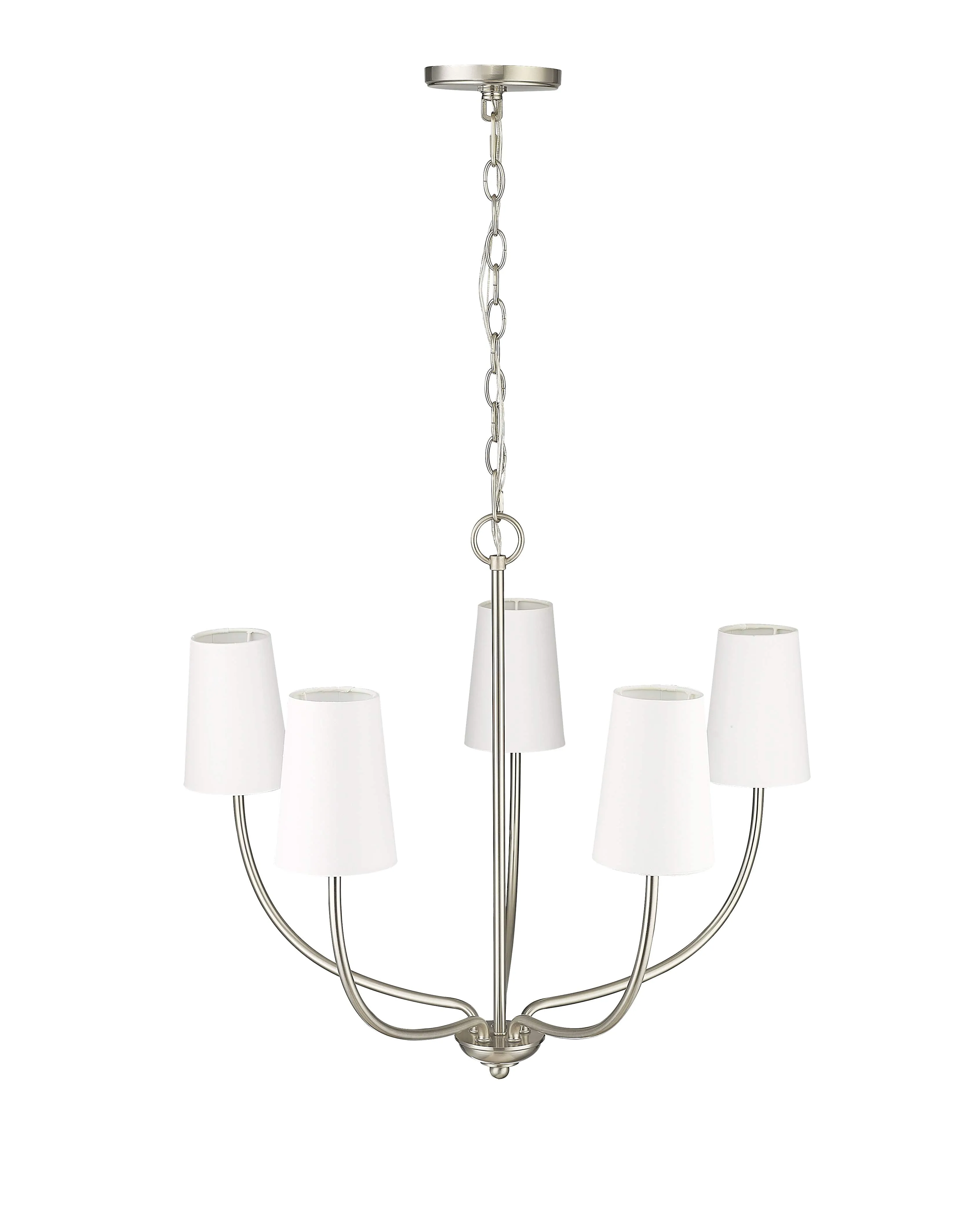 5 Lamps Kandor Chandelier - Brushed Nickel - White Fabric Shade - 26in Diameter - E12 Candelabra Base