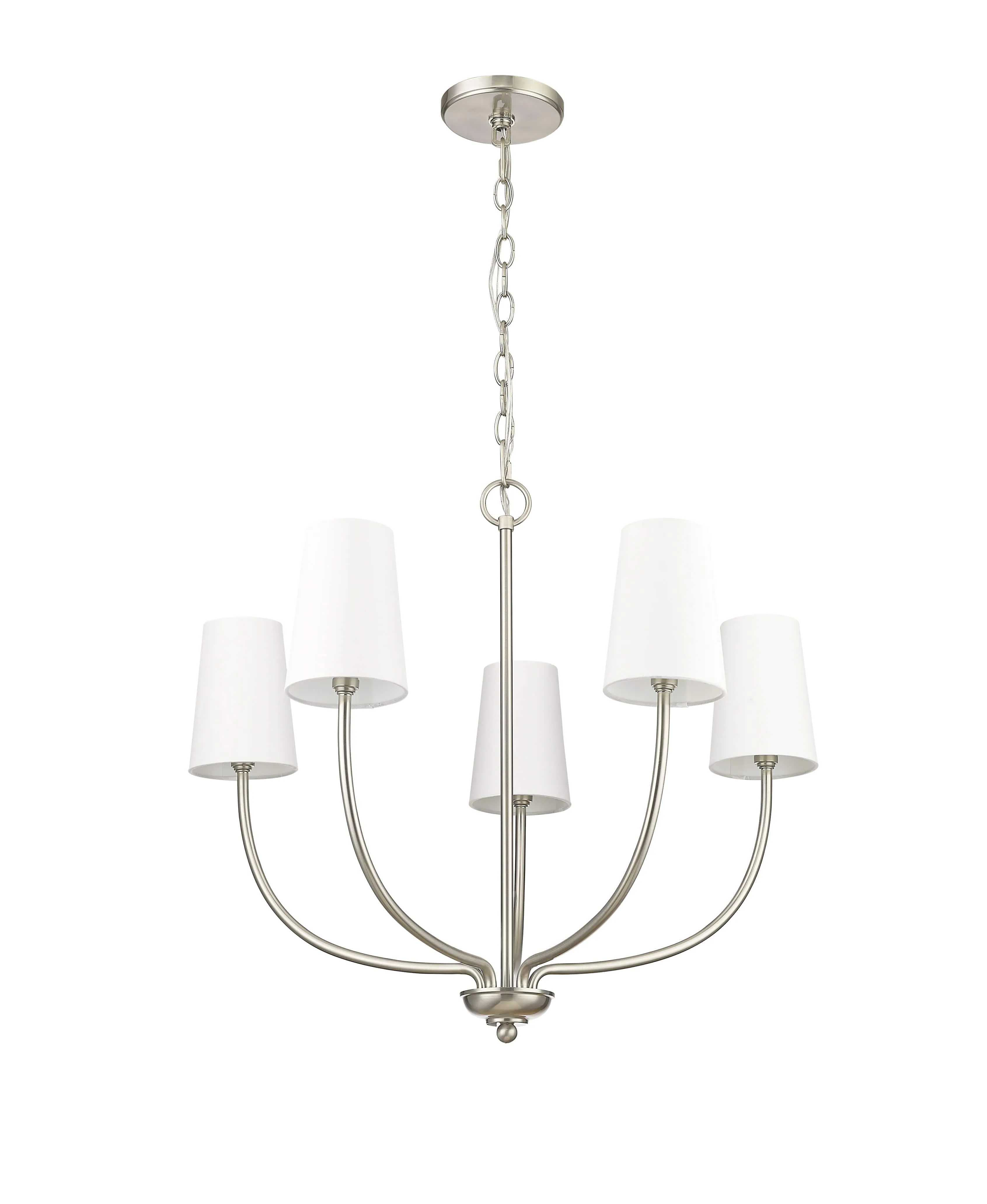 5 Lamps Kandor Chandelier - Brushed Nickel - White Fabric Shade - 26in Diameter - E12 Candelabra Base