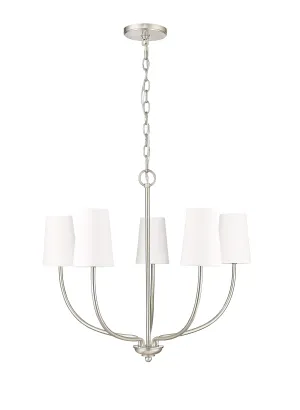 5 Lamps Kandor Chandelier - Brushed Nickel - White Fabric Shade - 26in Diameter - E12 Candelabra Base