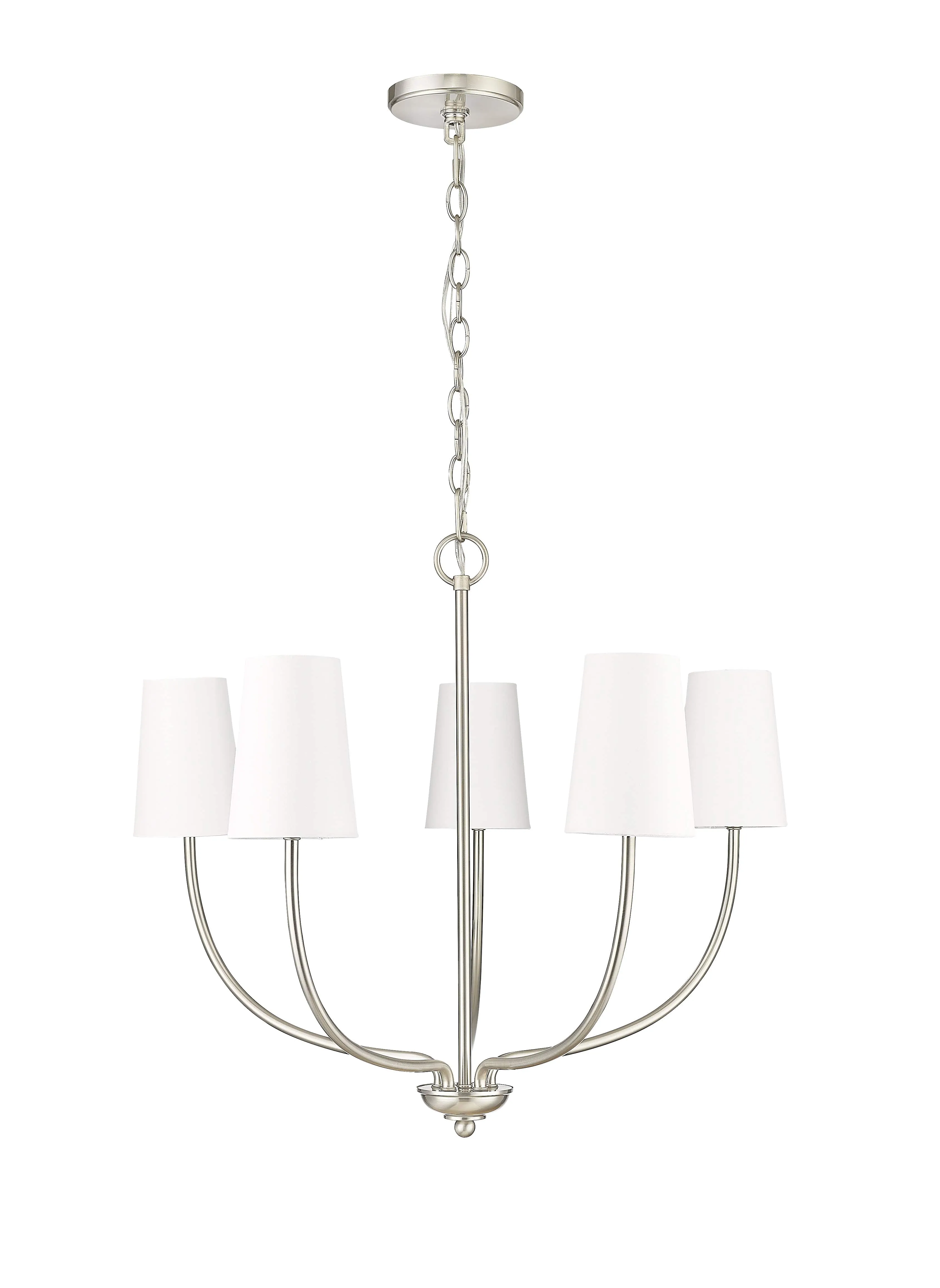 5 Lamps Kandor Chandelier - Brushed Nickel - White Fabric Shade - 26in Diameter - E12 Candelabra Base