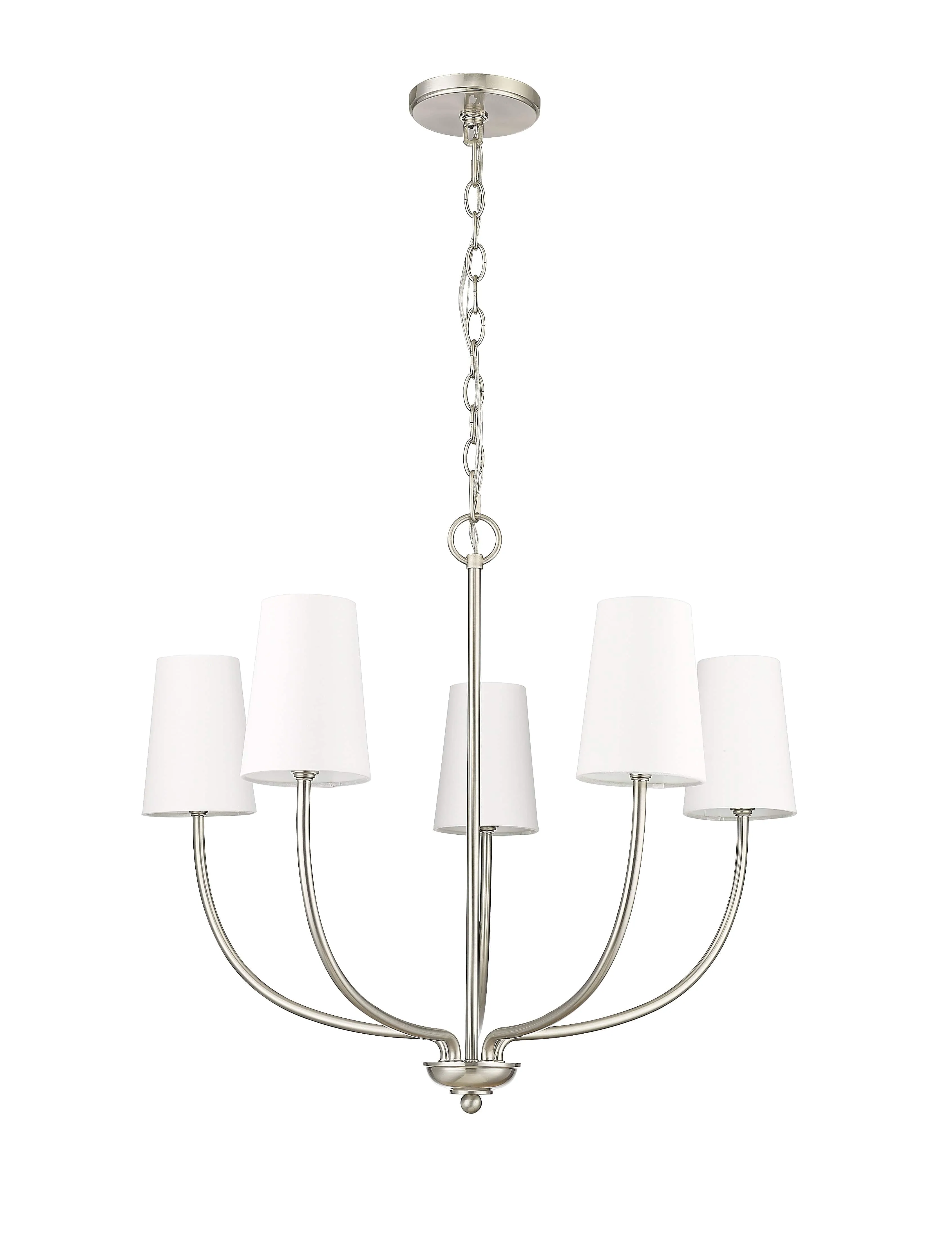 5 Lamps Kandor Chandelier - Brushed Nickel - White Fabric Shade - 26in Diameter - E12 Candelabra Base