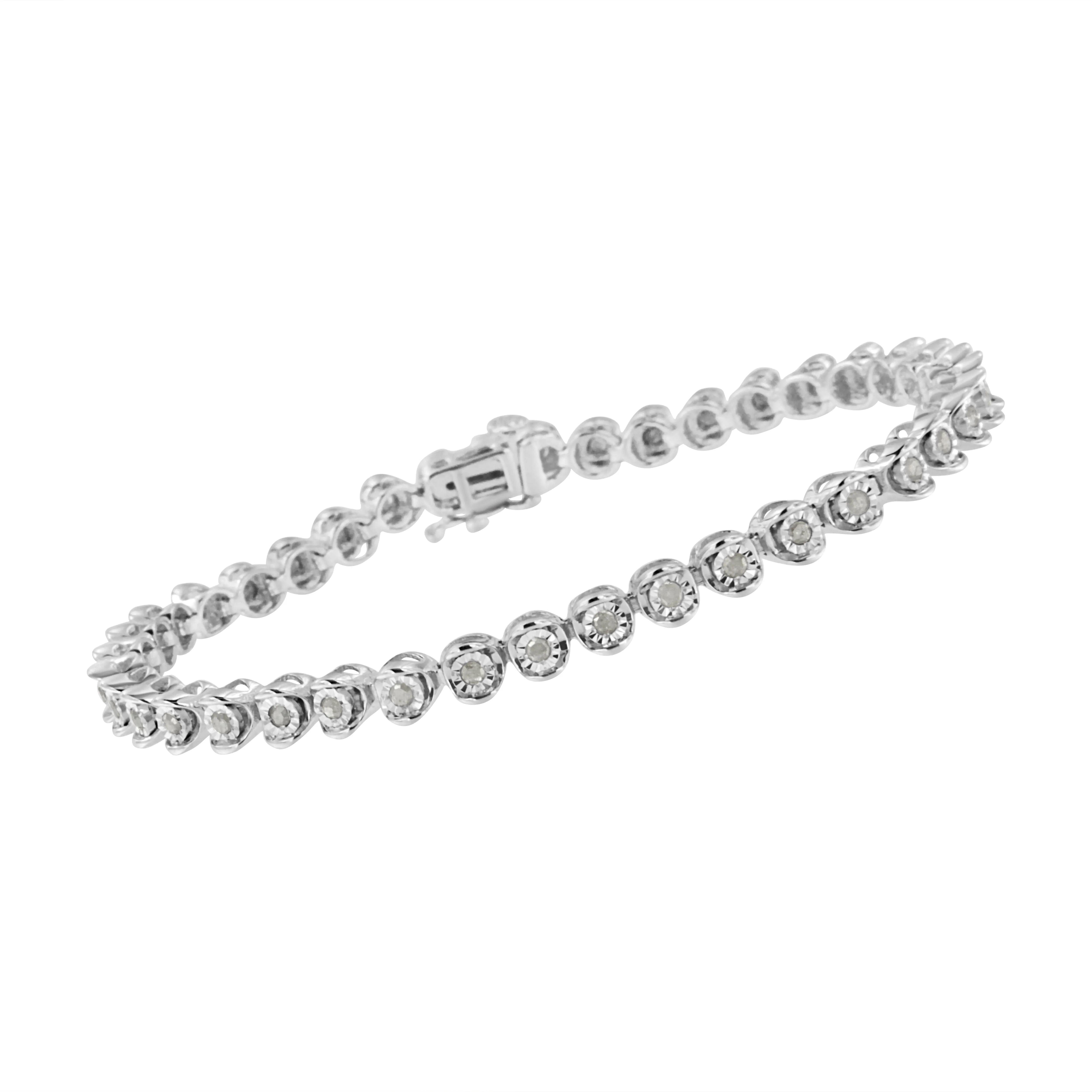 .925 Sterling Silver Miracle-Set Diamond Round Miracle Plate Tennis Bracelet