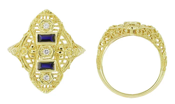Art Deco Filigree Diamond and Sapphire Ring in 14 Karat Yellow Gold