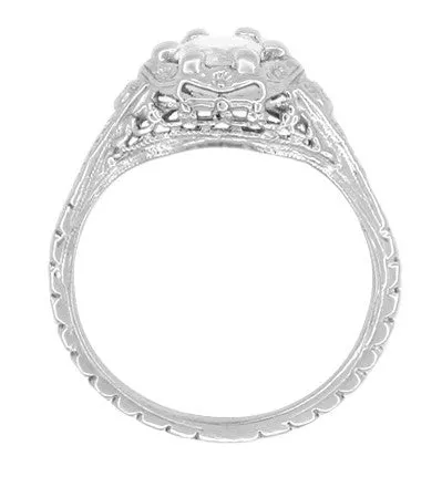 Art Deco Filigree Flowers Vintage Style White Sapphire Engagement Ring in 14K White Gold