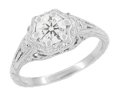 Art Deco Filigree Flowers Vintage Style White Sapphire Engagement Ring in 14K White Gold