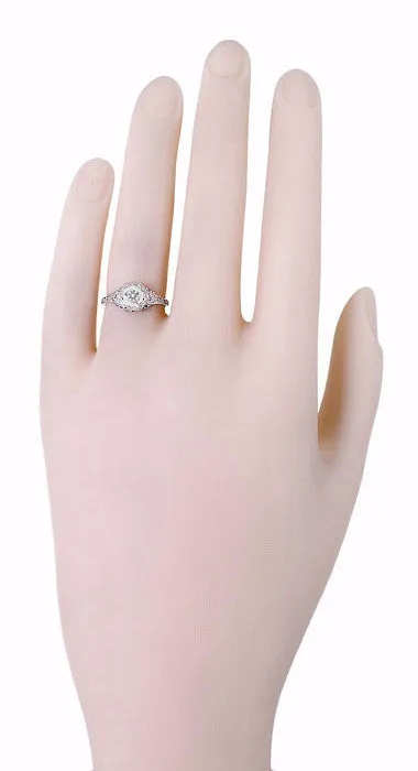 Art Deco Filigree Flowers Vintage Style White Sapphire Engagement Ring in 14K White Gold