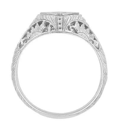 Art Deco Filigree White Sapphire Engagement Ring in 14 Karat White Gold | Low Profile
