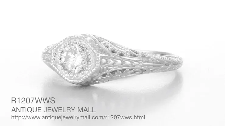 Art Deco Filigree White Sapphire Engagement Ring in 14 Karat White Gold | Low Profile