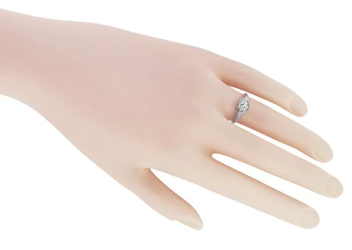 Art Deco Filigree White Sapphire Engagement Ring in 14 Karat White Gold | Low Profile