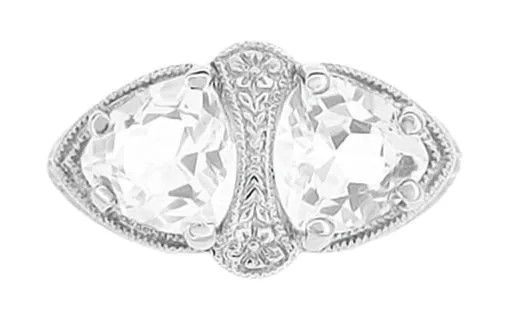 Art Deco Filigree White Topaz Loving Duo Ring in 14 Karat White Gold