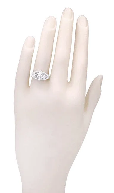 Art Deco Filigree White Topaz Loving Duo Ring in 14 Karat White Gold