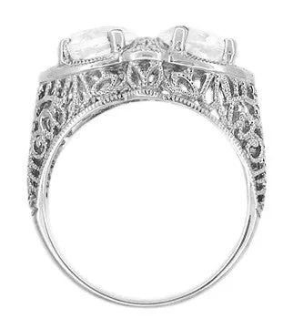 Art Deco Filigree White Topaz Loving Duo Ring in 14 Karat White Gold