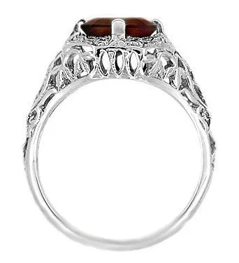 Art Deco Flowers and Leaves Almandine Garnet Filigree Ring in 14 Karat White Gold