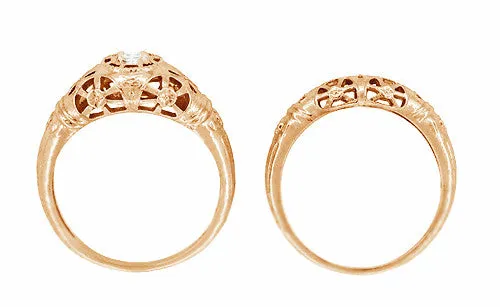 Art Deco Low Dome Diamond Filigree Engagement Ring in 14 Karat Rose Gold