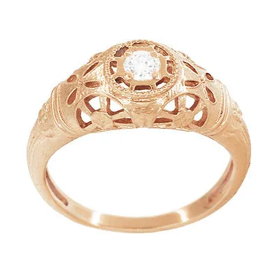 Art Deco Low Dome Diamond Filigree Engagement Ring in 14 Karat Rose Gold