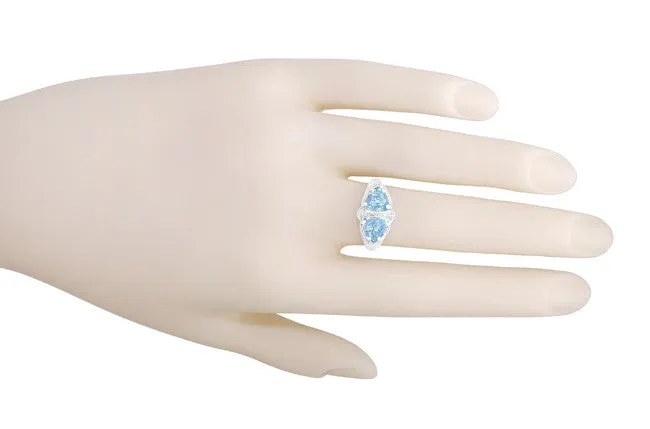 Art Deco Trillion Sky Blue Topaz Loving Duo Filigree Ring in Sterling Silver