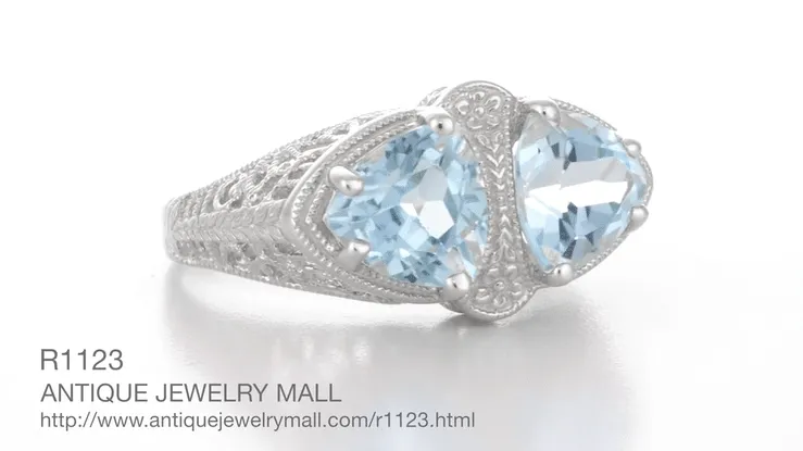 Art Deco Trillion Sky Blue Topaz Loving Duo Filigree Ring in Sterling Silver