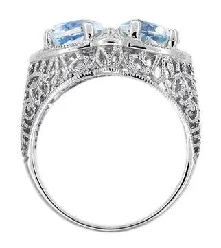 Art Deco Trillion Sky Blue Topaz Loving Duo Filigree Ring in Sterling Silver