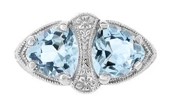 Art Deco Trillion Sky Blue Topaz Loving Duo Filigree Ring in Sterling Silver