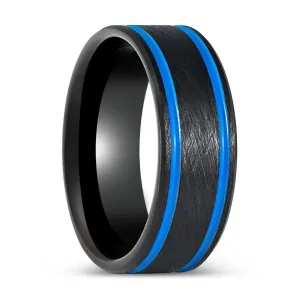 CASTOR | Black Tungsten Ring Blue Off Center Grooves