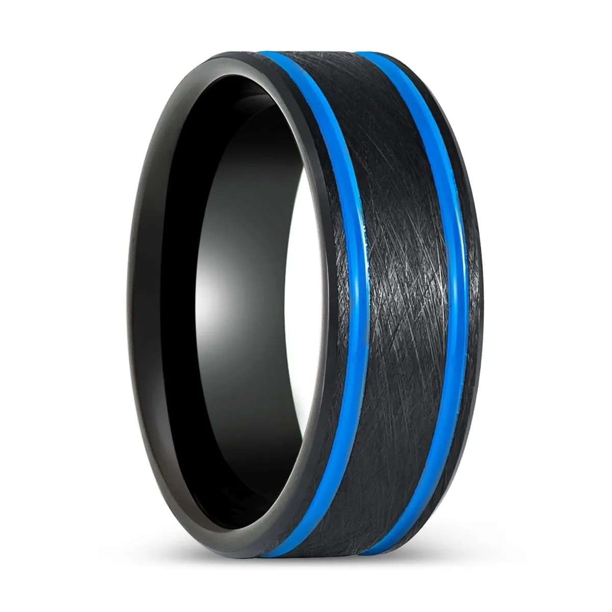 CASTOR | Black Tungsten Ring Blue Off Center Grooves