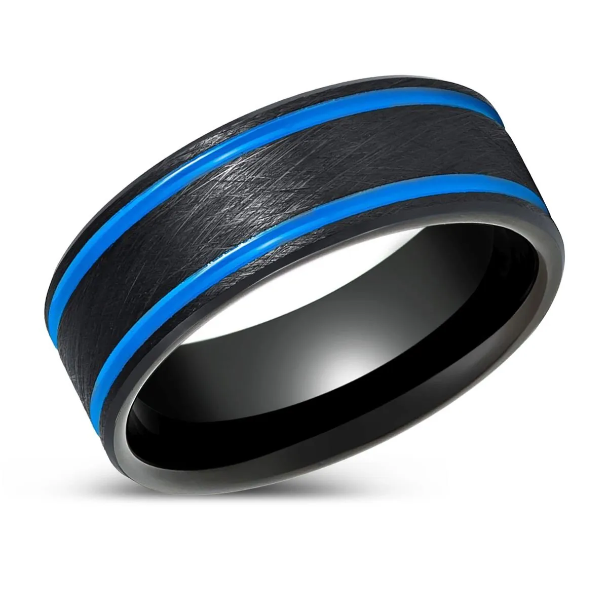 CASTOR | Black Tungsten Ring Blue Off Center Grooves