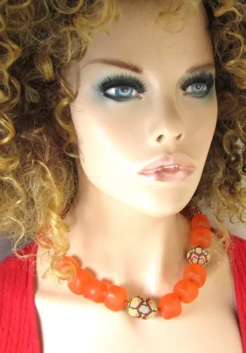 Chunky Large Bead Necklace in Orange Nuggets with Artisan Beads