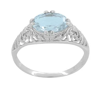 Edwardian Oval Aquamarine Filigree Engagement Ring in 14 Karat White Gold | Fleur de Lys