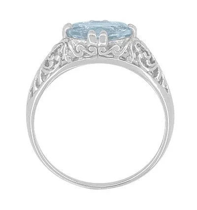 Edwardian Oval Aquamarine Filigree Engagement Ring in 14 Karat White Gold | Fleur de Lys