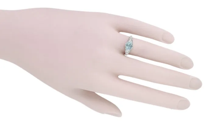 Edwardian Oval Aquamarine Filigree Engagement Ring in 14 Karat White Gold | Fleur de Lys