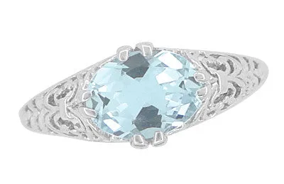Edwardian Oval Aquamarine Filigree Engagement Ring in 14 Karat White Gold | Fleur de Lys