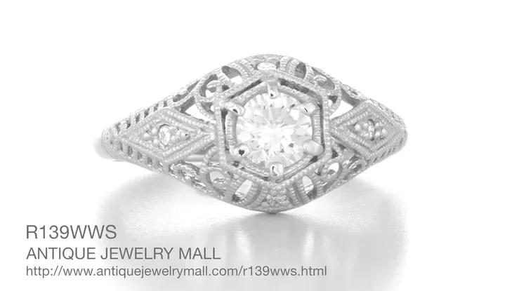 Edwardian White Sapphire Scroll Dome Filigree Engagement Ring in 14 Karat White Gold