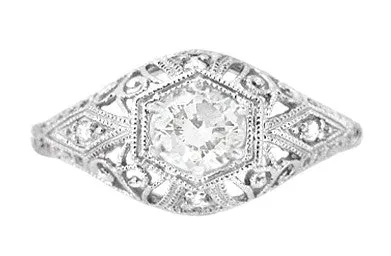 Edwardian White Sapphire Scroll Dome Filigree Engagement Ring in 14 Karat White Gold