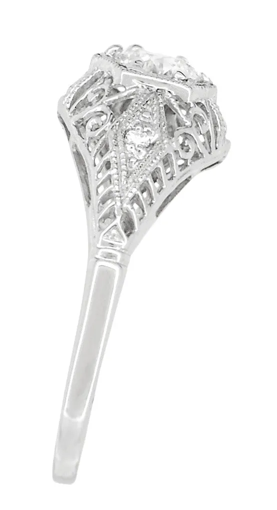 Edwardian White Sapphire Scroll Dome Filigree Engagement Ring in 14 Karat White Gold