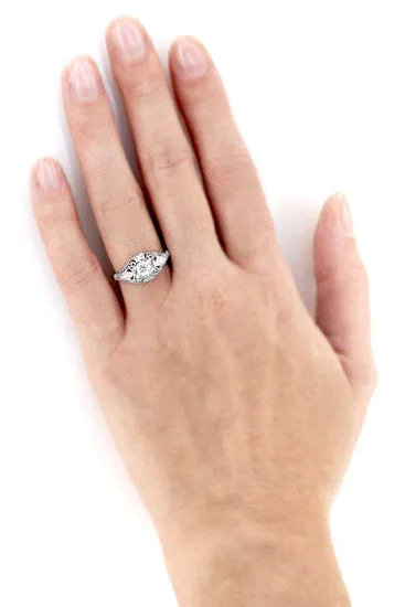 Edwardian White Sapphire Scroll Dome Filigree Engagement Ring in 14 Karat White Gold