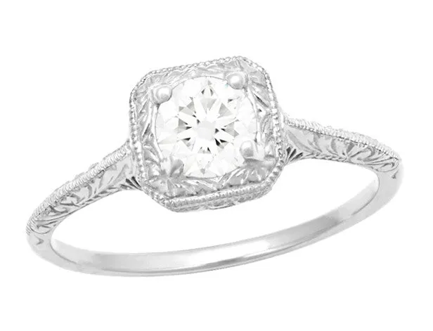 Filigree Scrolls 1/3 Carat Art Deco Engraved Diamond Engagement Ring in 14 Karat White Gold