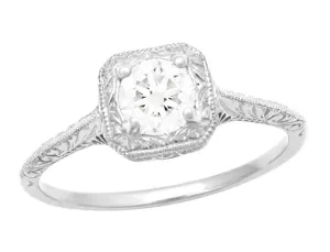 Filigree Scrolls 1/3 Carat Art Deco Engraved Diamond Engagement Ring in 14 Karat White Gold