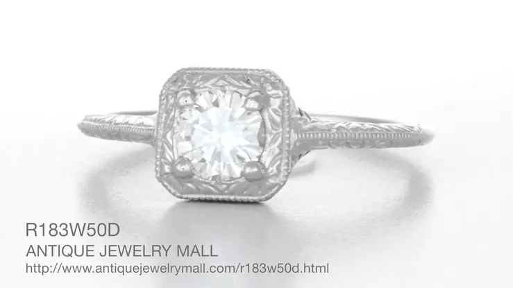 Filigree Scrolls 1/3 Carat Art Deco Engraved Diamond Engagement Ring in 14 Karat White Gold