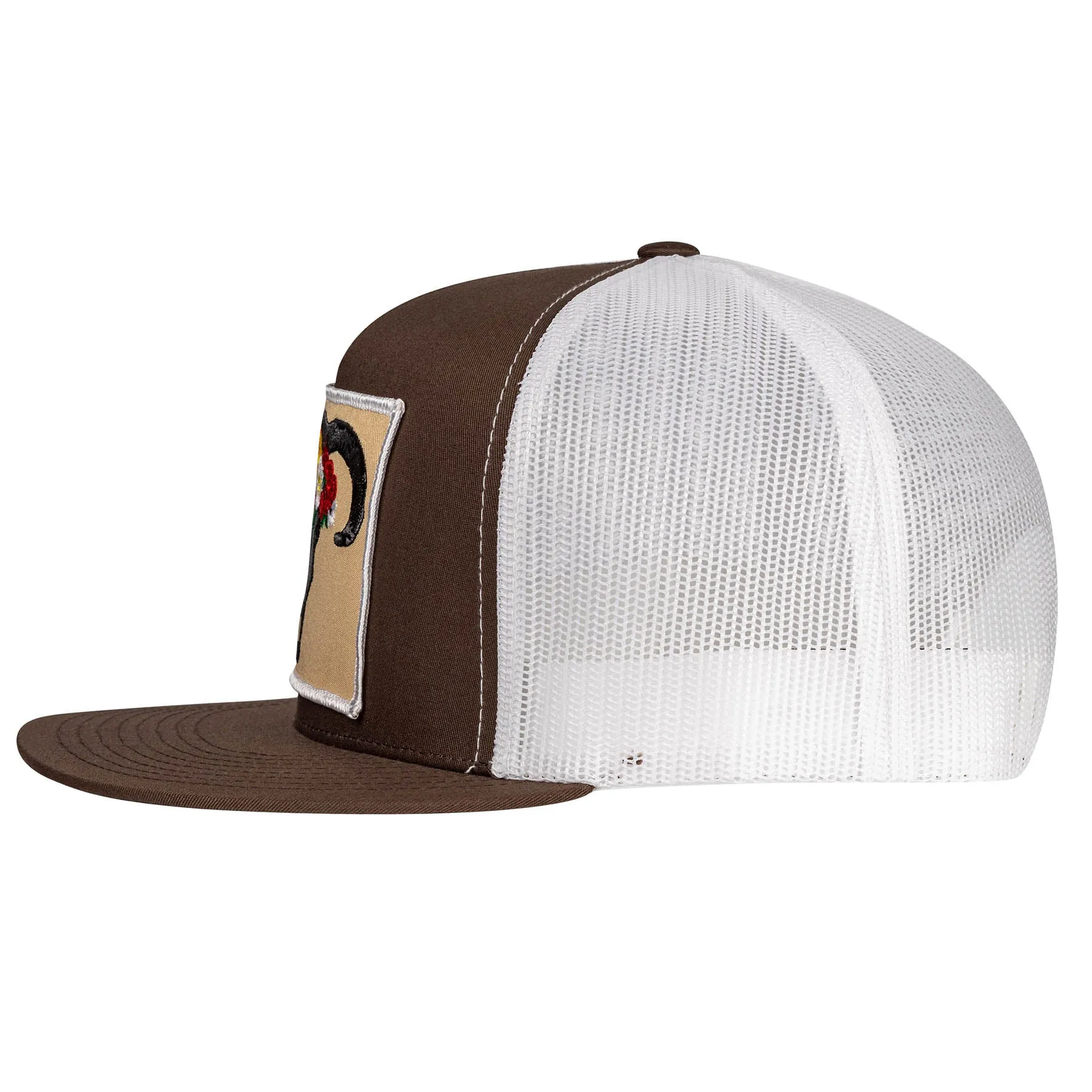 Lazy J Ranch Brown & White Skull & Flowers Classic Five Panel Trucker Hat