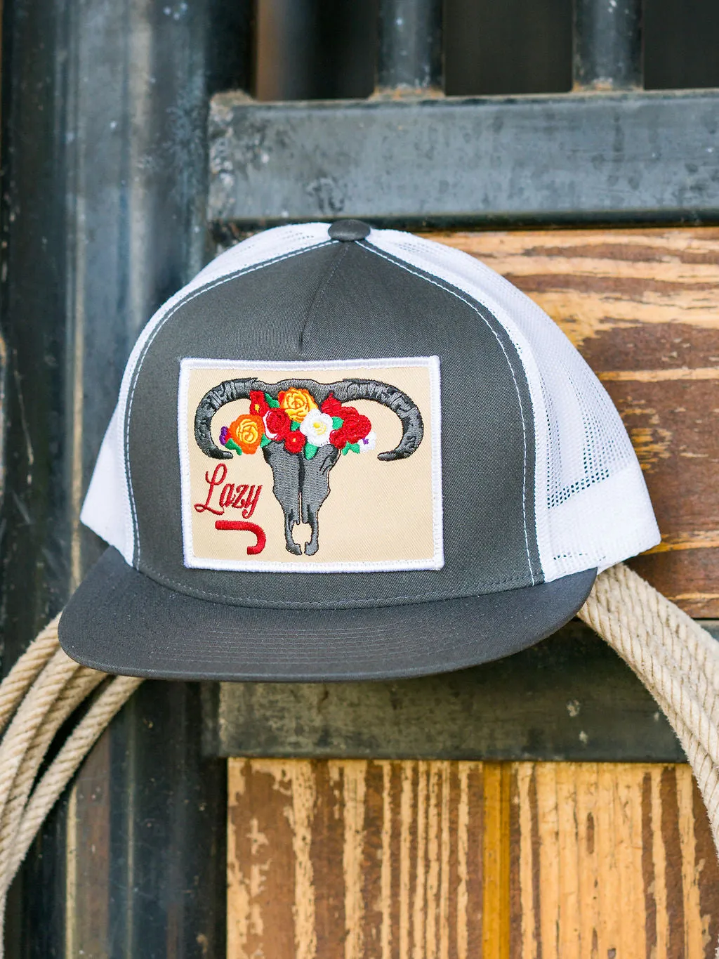 Lazy J Ranch Dark Grey & White Skull & Flowers Classic Five Panel Trucker Hat