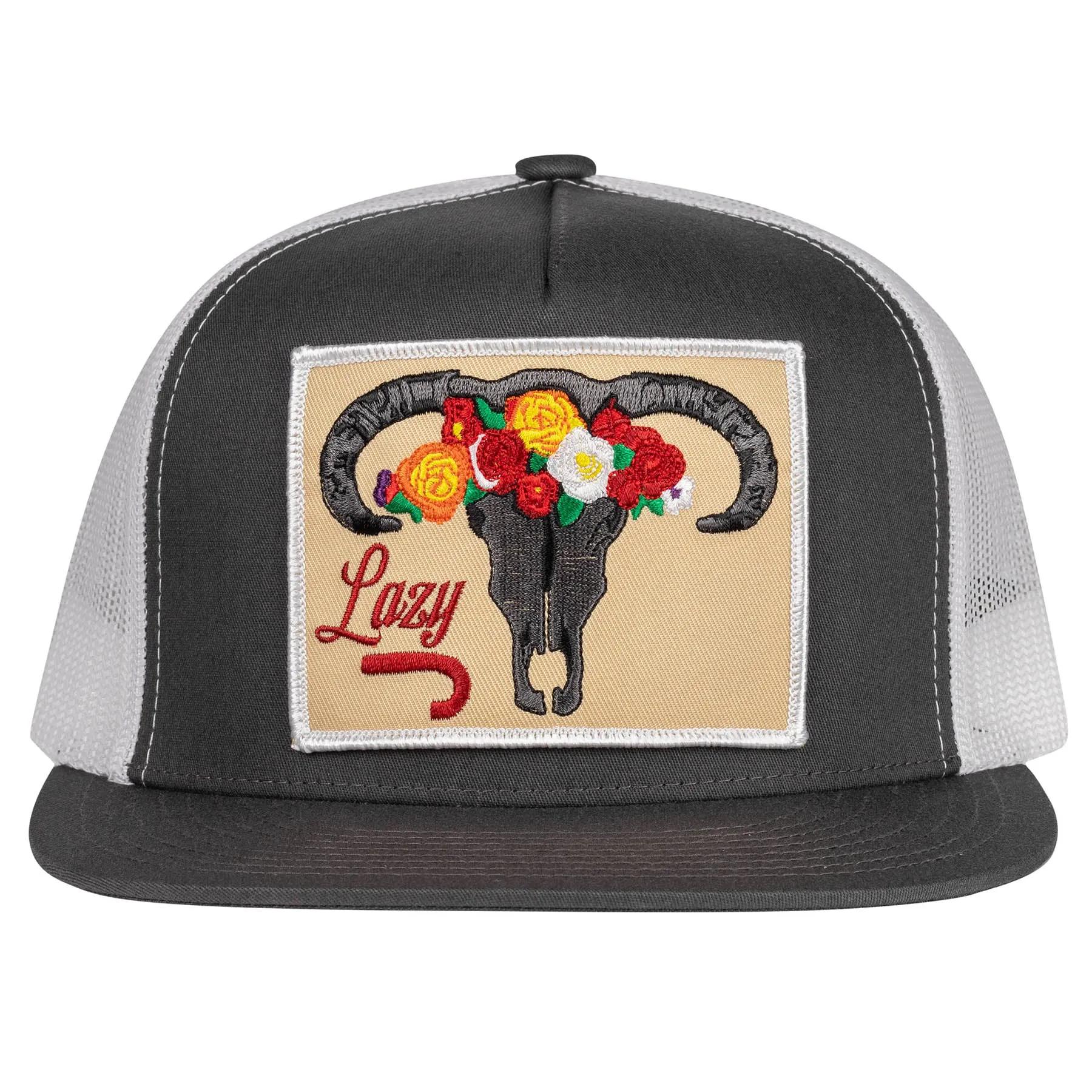 Lazy J Ranch Dark Grey & White Skull & Flowers Classic Five Panel Trucker Hat