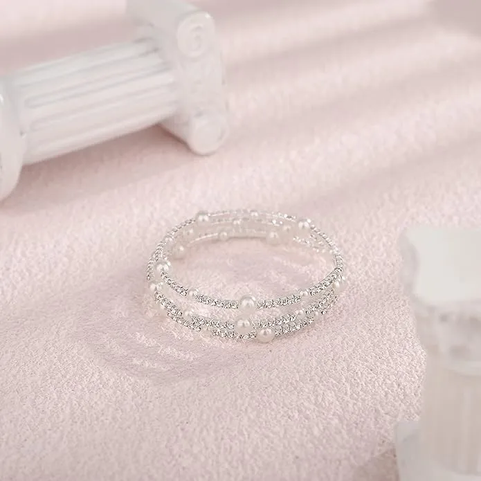 Multi Layered Stretch Wrap Silver Bracelets with Rhinestone