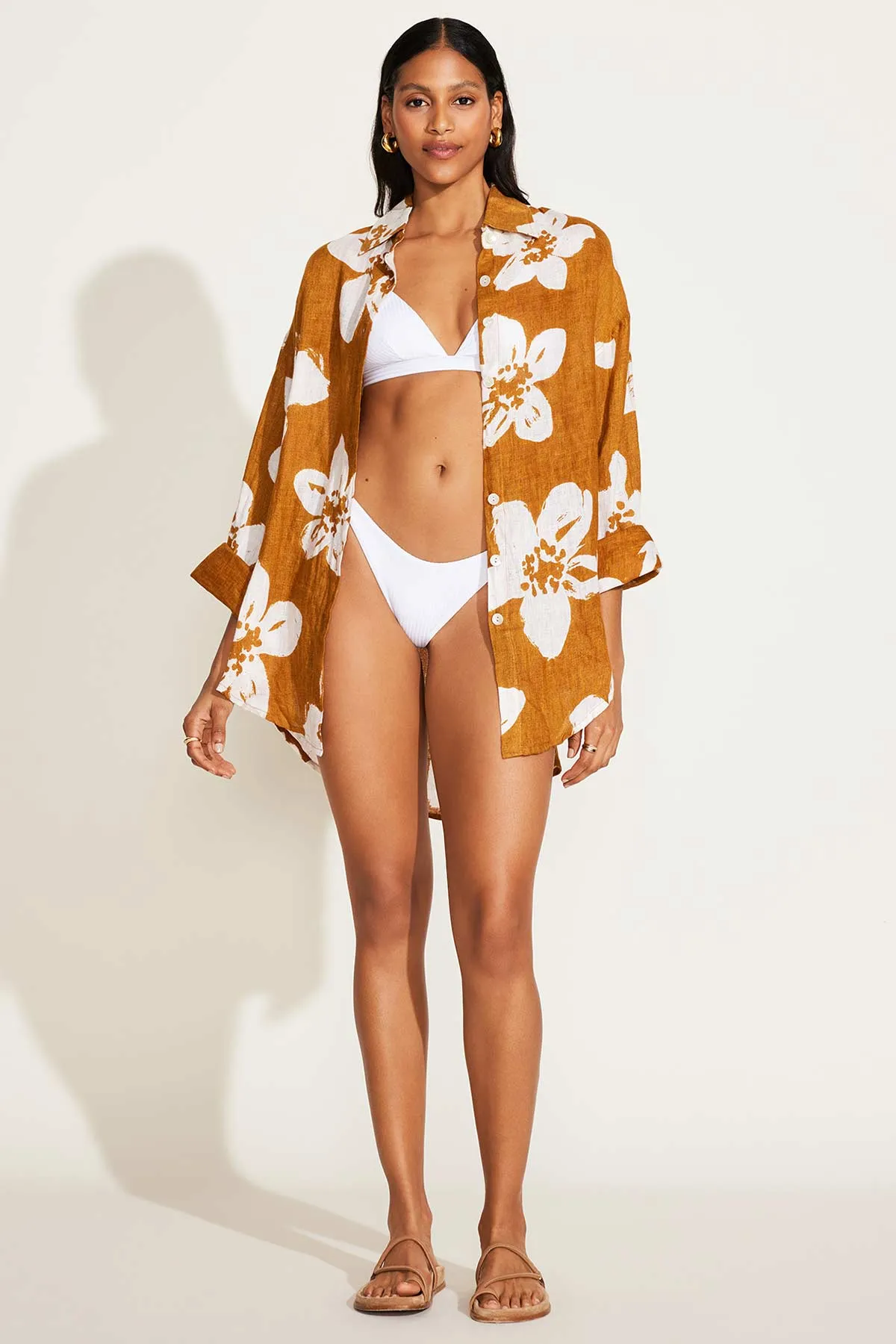 Playa Linen Boyfriend Shirt - Saffron Bloom EcoLinen