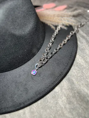 Silver Chunky Chain Necklace with Rhinestone Pendant