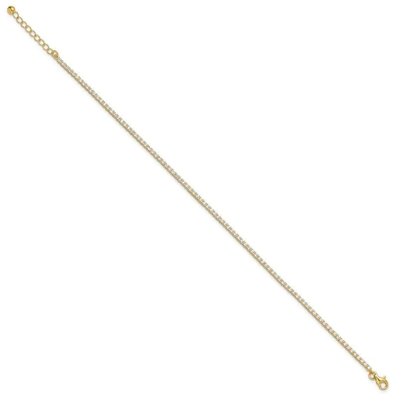 Sterling Silver Gold-tone 2mm CZ 9in Plus 1 inch extender Tennis Anklet