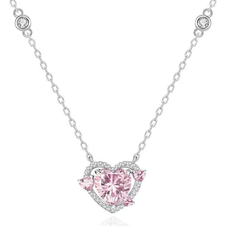 Sweet Pink Crystal Heart Necklace